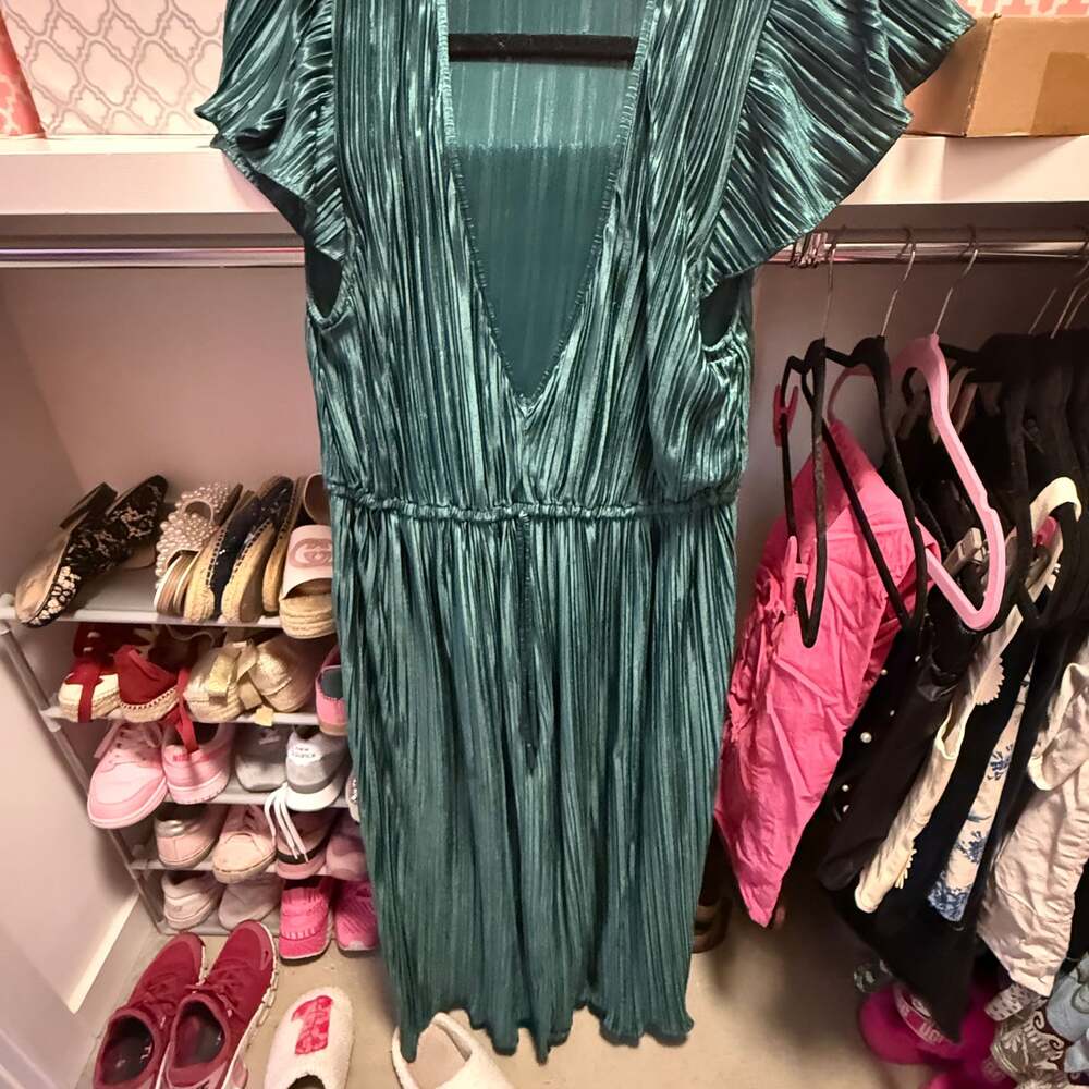 UO Miranda Metallic Pleated Green Midi Dress